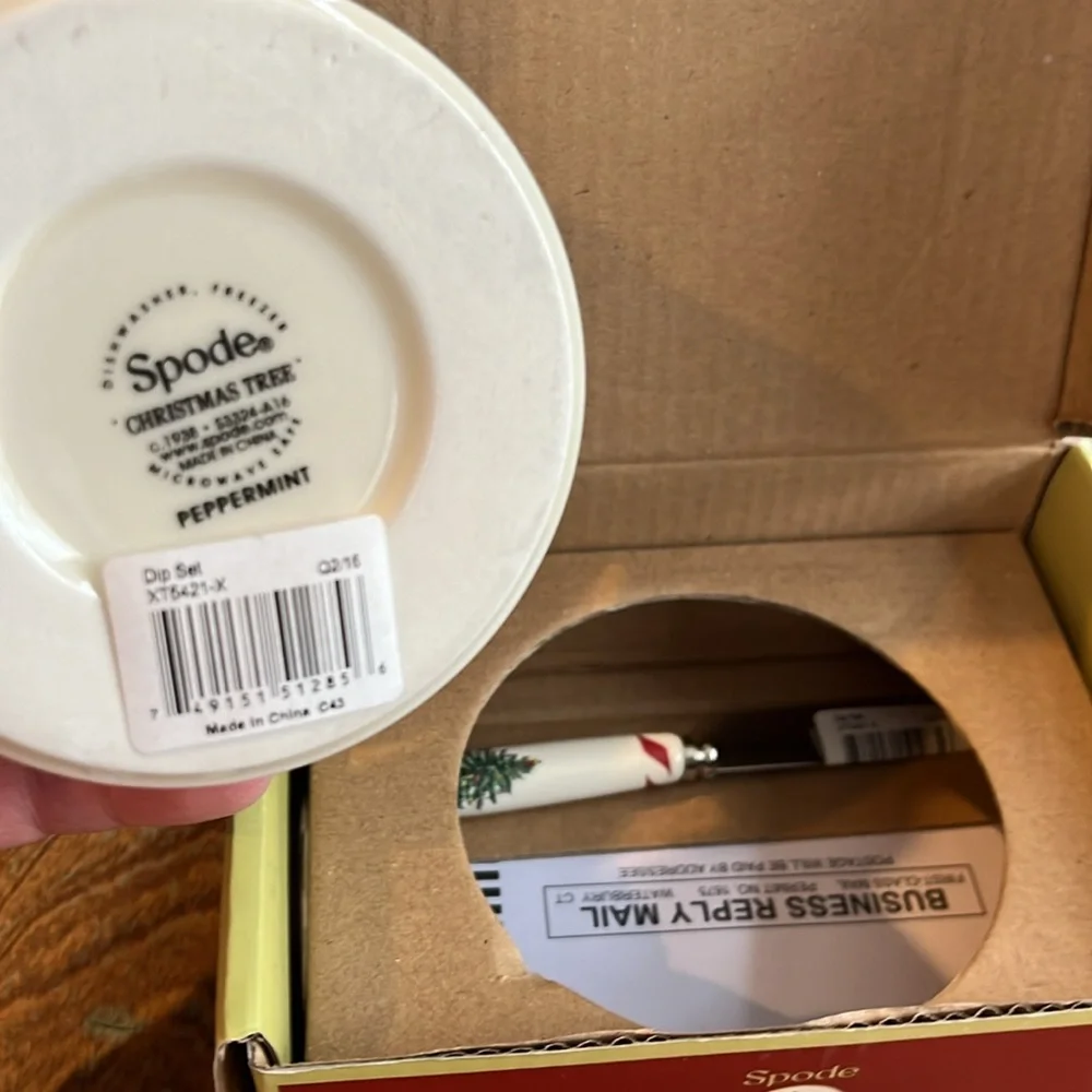 SPODE CHRISTMAS TREE PEPPERMINT DIP SET BOWL KNIFE NIB HOLIDAY